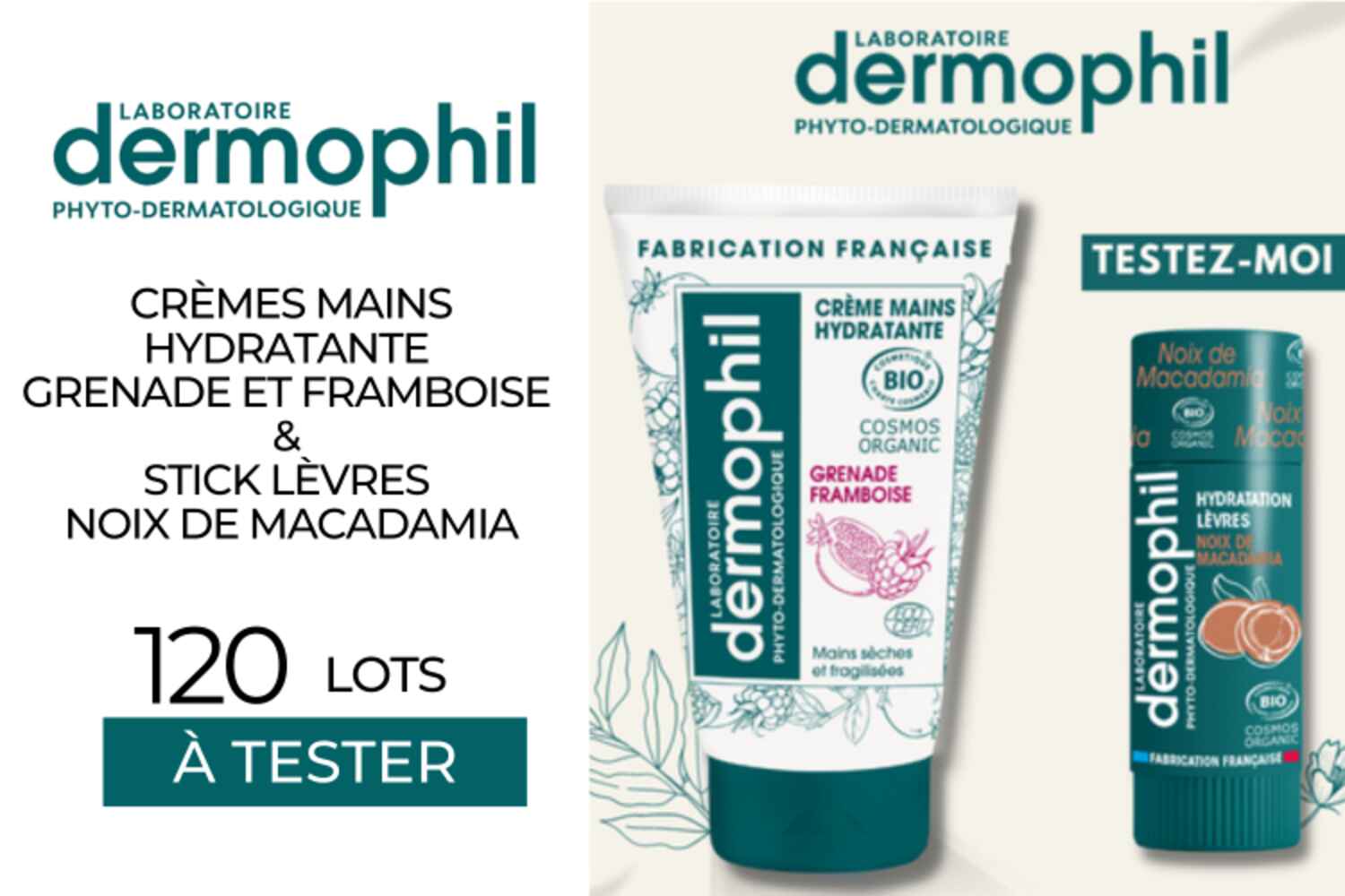 Crèmes Mains Grenade Framboise et Sticks lèvres Noix de Macadamia certifiés BIO : 120 lots à tester !