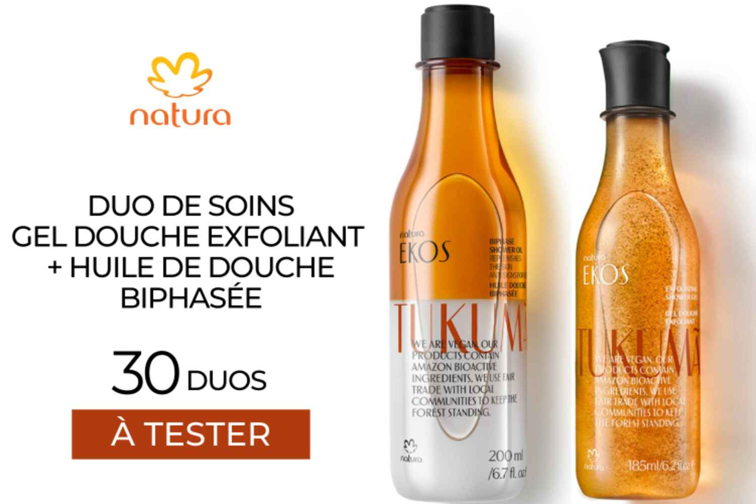 30 Duo de soins Gel douche exfoliant + Huile de douche biphasée Ekos Tukumã à tester !